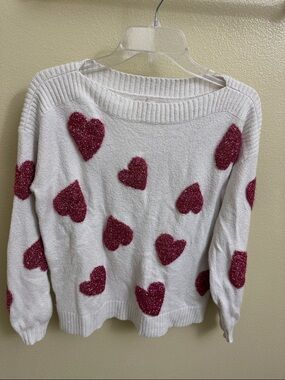 LOFT White Crewneck Sweater with Pink Sparkle Hearts Small